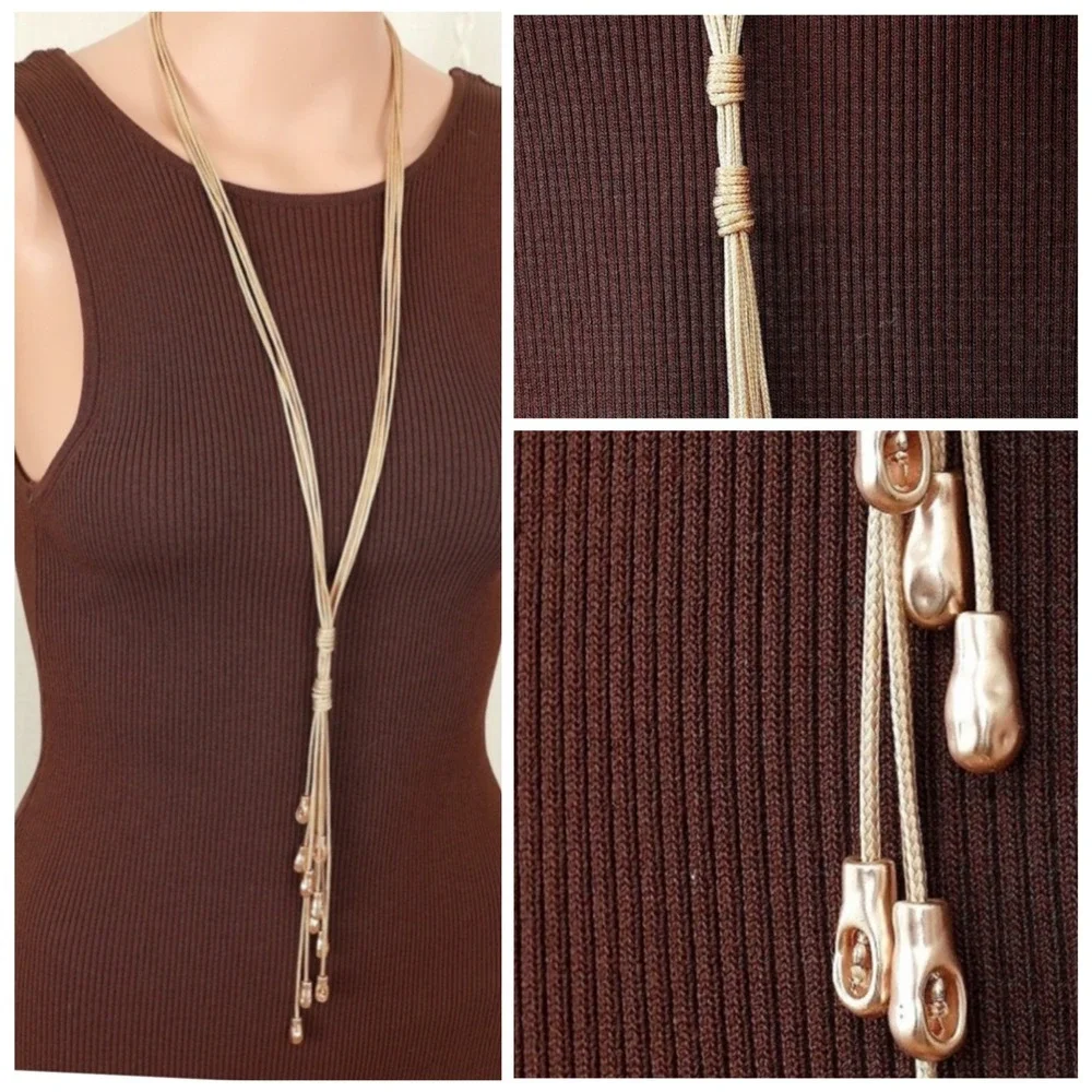 Gold Multi-Strand Cord Lariat Tassel Necklace